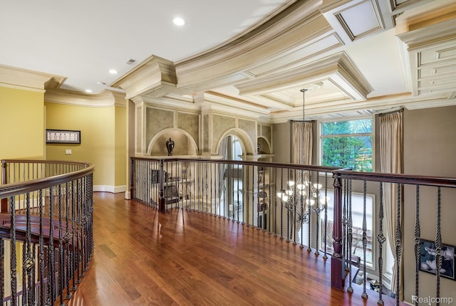 18198 Shelley Pond, Northville, MI 48168 - hall with ornamental molding, an upstairs landing, coffered ceiling, recessed lighting, and wood finished floors