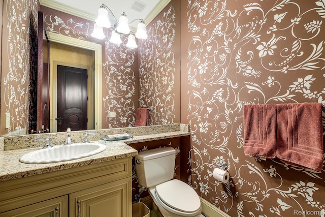 18198 Shelley Pond, Northville, MI 48168 - bathroom with wallpapered walls, vanity, and ornamental molding