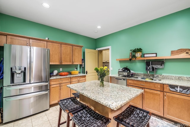 18198 Shelley Pond, Northville, MI 48168 - kitchen with stainless steel appliances, light stone counters, open shelves, light tile patterned flooring, and recessed lighting
