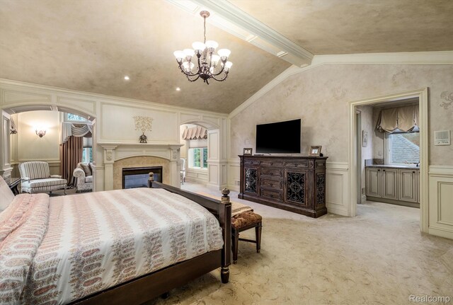 18198 Shelley Pond, Northville, MI 48168 - bedroom with a decorative wall, arched walkways, a chandelier, light colored carpet, and a fireplace