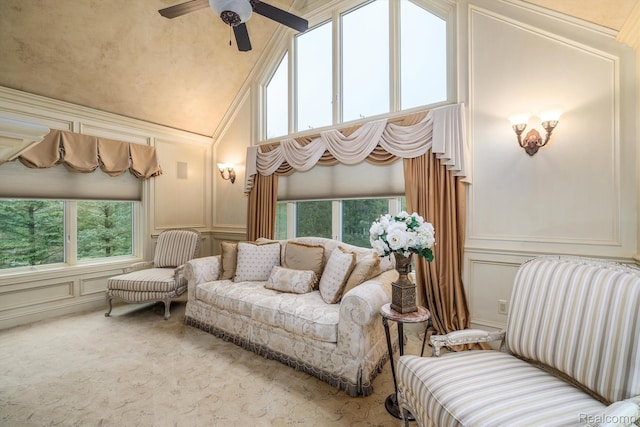 18198 Shelley Pond, Northville, MI 48168 - carpeted living area with a decorative wall, plenty of natural light, high vaulted ceiling, and ceiling fan