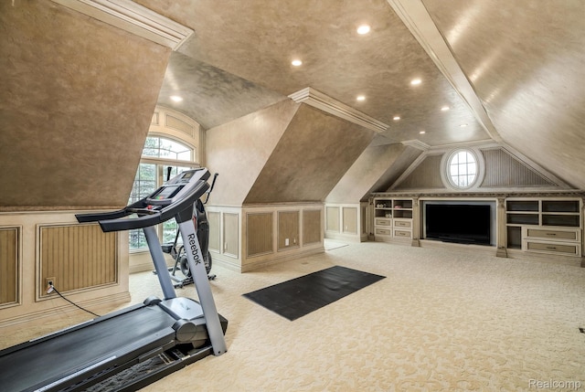 18198 Shelley Pond, Northville, MI 48168 - workout area with a decorative wall, lofted ceiling, carpet, wainscoting, and recessed lighting