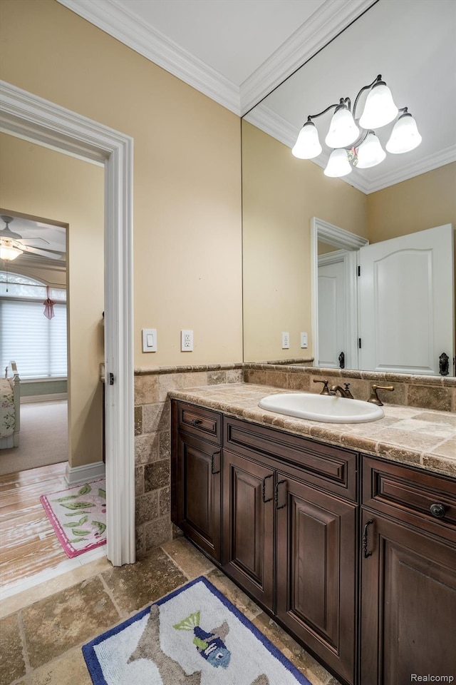 18198 Shelley Pond, Northville, MI 48168 - bathroom featuring vanity, ornamental molding, and ceiling fan
