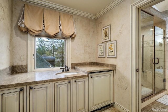 18198 Shelley Pond, Northville, MI 48168 - bathroom featuring a shower stall, vanity, and crown molding