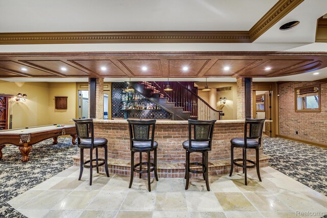 18198 Shelley Pond, Northville, MI 48168 - indoor dry bar featuring brick wall, recessed lighting, pool table, and light stone finish floors