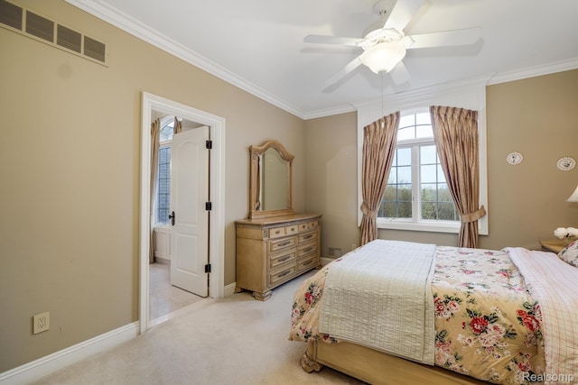 18198 Shelley Pond, Northville, MI 48168 - bedroom featuring crown molding, light colored carpet, ceiling fan, and ensuite bathroom