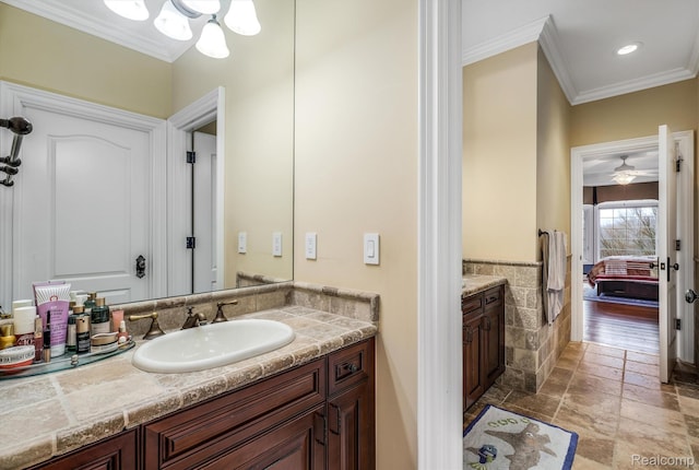 18198 Shelley Pond, Northville, MI 48168 - ensuite bathroom featuring vanity, crown molding, stone tile floors, a chandelier, and ceiling fan