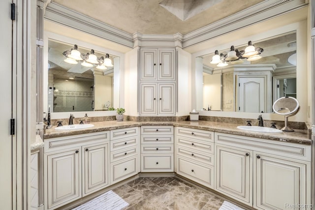 18198 Shelley Pond, Northville, MI 48168 - full bathroom with a stall shower, marble finish floors, double vanity, ornamental molding, and a chandelier