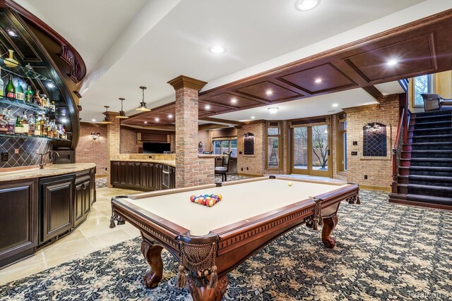 18198 Shelley Pond, Northville, MI 48168 - recreation room featuring wet bar, ornate columns, billiards, brick wall, and recessed lighting