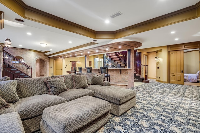 18198 Shelley Pond, Northville, MI 48168 - carpeted living area featuring stairway, ornamental molding, and recessed lighting