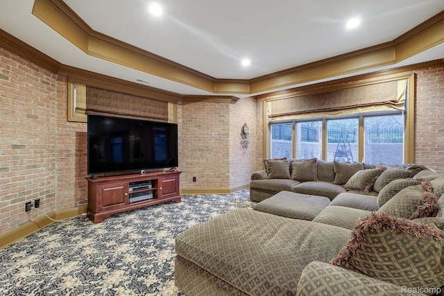 18198 Shelley Pond, Northville, MI 48168 - carpeted living area with ornamental molding, brick wall, and recessed lighting