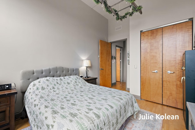 930 Washington Ave Unit 5C, Muskegon, MI 49441 - bedroom with a towering ceiling, light wood-type flooring, and a closet