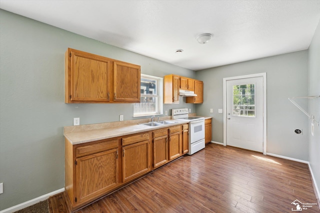 1107 W Temperance Rd, Temperance, MI 48182 - kitchen featuring electric range, under cabinet range hood, light countertops, dark wood-type flooring, and brown cabinets