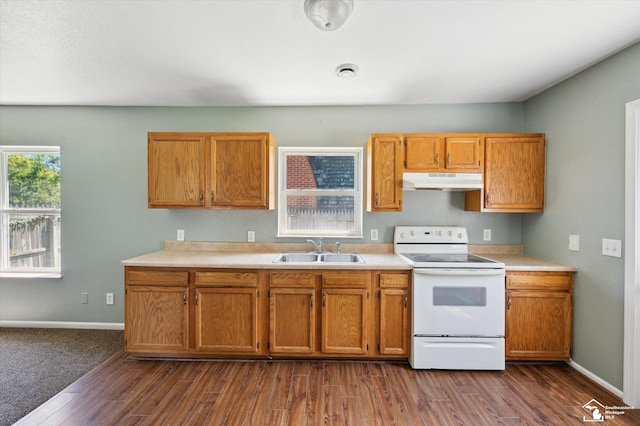 1107 W Temperance Rd, Temperance, MI 48182 - kitchen with white electric stove, under cabinet range hood, light countertops, dark wood finished floors, and brown cabinetry
