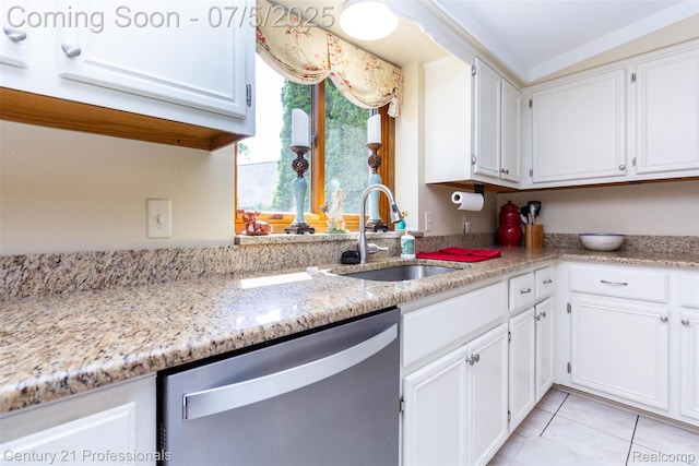 6626 Lake Pointe, Shelby Twp, MI 48317 - kitchen featuring dishwasher, white cabinetry, light tile patterned flooring, light stone countertops, and lofted ceiling