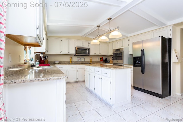 6626 Lake Pointe, Shelby Twp, MI 48317 - kitchen with appliances with stainless steel finishes, a kitchen island, light tile patterned floors, and light stone countertops