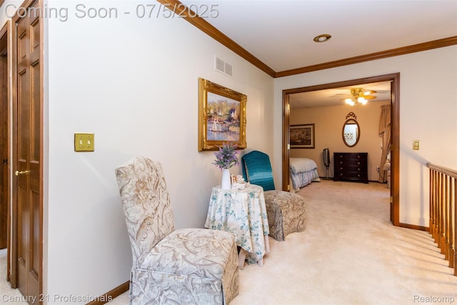 6626 Lake Pointe, Shelby Twp, MI 48317 - sitting room featuring light colored carpet, ornamental molding, and ceiling fan
