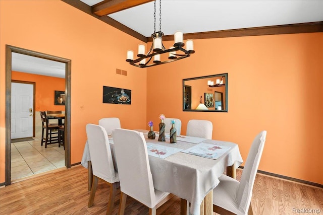 20213 Whitby Dr, Livonia, MI 48152 - dining space with a chandelier, light wood-style flooring, and beamed ceiling