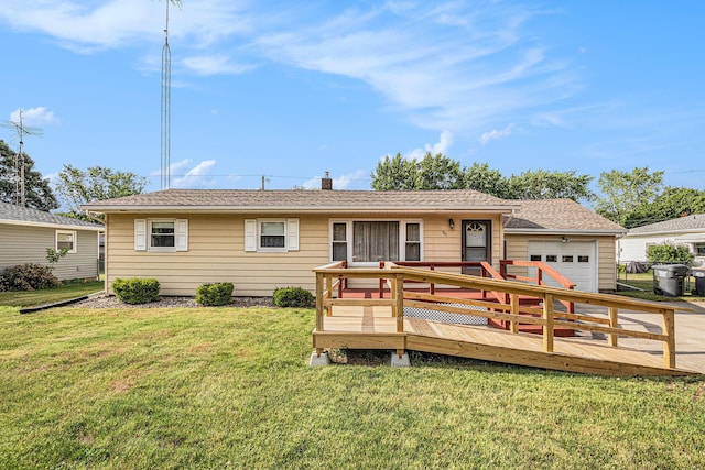 981 Vinewood Dr, Saint Joseph, MI 49085 - back of property featuring a lawn, a wooden deck, a chimney, and an attached garage