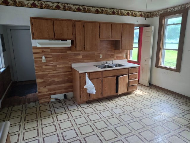 203 E Home St, Edmore, MI 48829 - kitchen with light floors, under cabinet range hood, light countertops, and brown cabinets