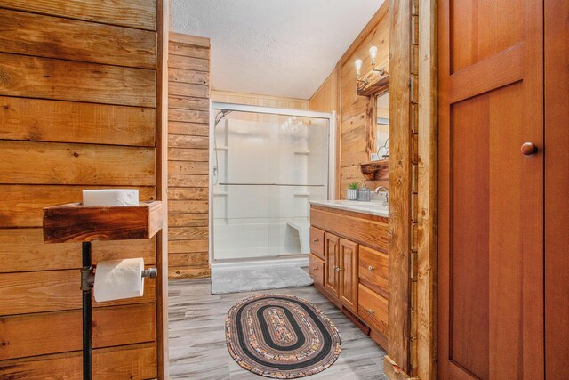 2919 N US Highway 31, Niles, MI 49120 - bathroom featuring wood finished floors, a stall shower, vanity, wood walls, and a textured ceiling