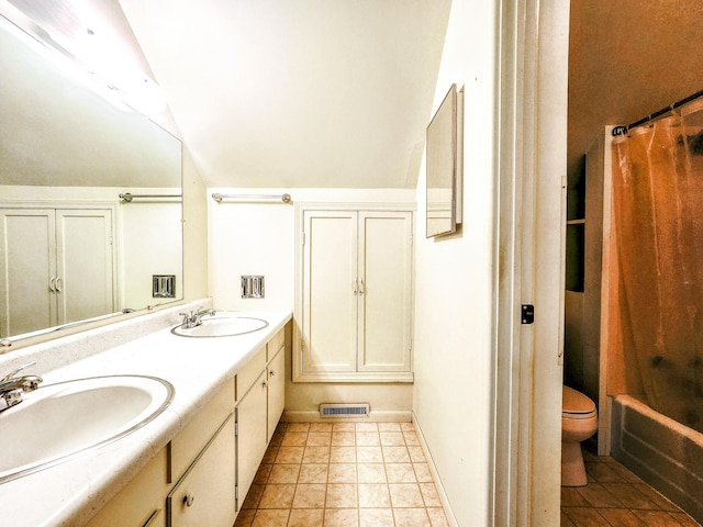 671 Lonesome Pine Trl, Saint Joseph, MI 49085 - full bath with double vanity, vaulted ceiling, shower / tub combo with curtain, and tile patterned flooring
