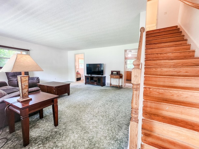 671 Lonesome Pine Trl, Saint Joseph, MI 49085 - living room featuring carpet flooring, stairway, and a textured ceiling