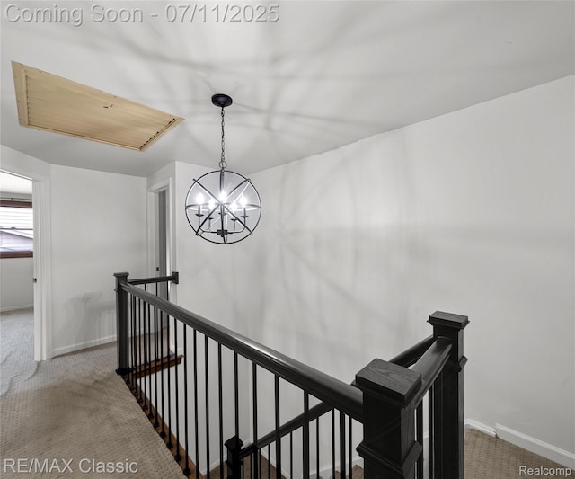 25067 Skye Dr, Farmington Hills, MI 48336 - corridor with an upstairs landing, carpet, attic access, and a chandelier