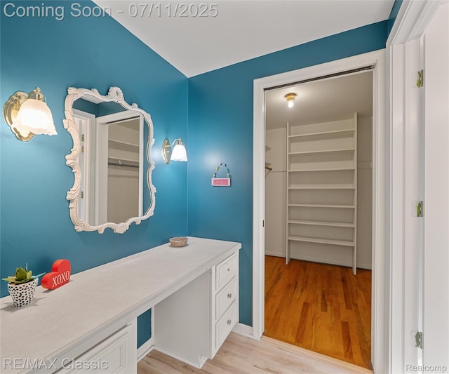25067 Skye Dr, Farmington Hills, MI 48336 - bathroom with wood finished floors, a spacious closet, and vanity