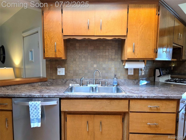 12137 Carol Ave, Warren, MI 48093 - kitchen featuring stainless steel dishwasher, white range with gas stovetop, decorative backsplash, and brown cabinets