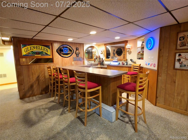 12137 Carol Ave, Warren, MI 48093 - indoor dry bar featuring wood walls, a drop ceiling, carpet, and recessed lighting