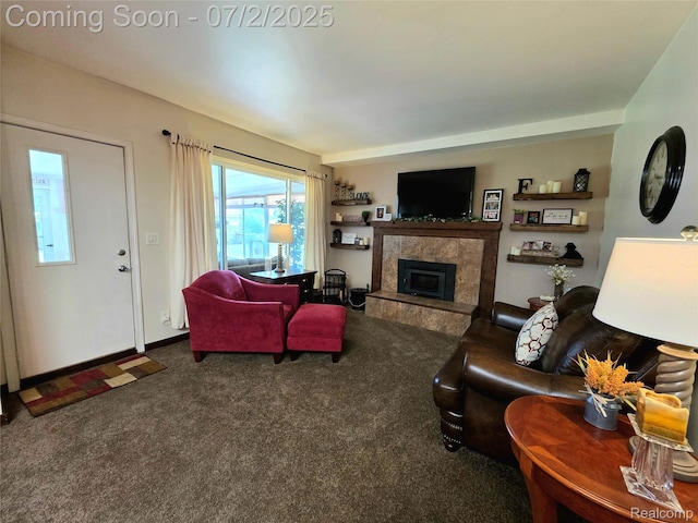12137 Carol Ave, Warren, MI 48093 - living area with carpet floors and a tile fireplace