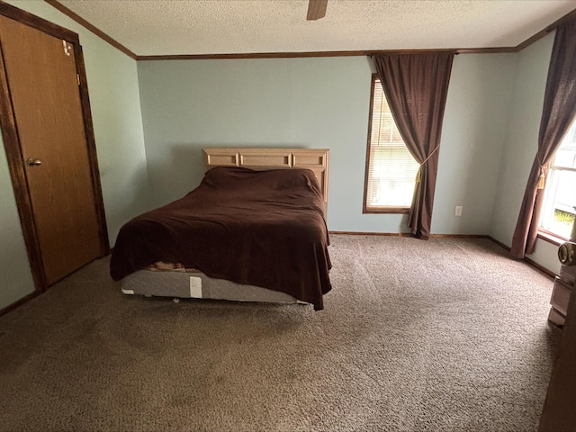 9670 Sayers Rd, Munith, MI 49259 - bedroom featuring ornamental molding, light carpet, a textured ceiling, and ceiling fan