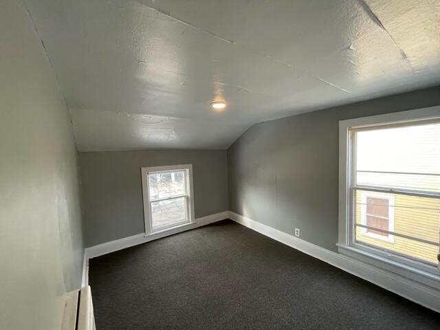417 Oak St, Kalamazoo, MI 49007 - bonus room with vaulted ceiling, baseboard heating, and dark carpet
