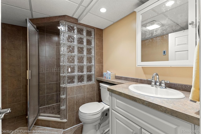 17729 Harman St, Melvindale, MI 48122 - bathroom with a stall shower, vanity, a drop ceiling, tile patterned floors, and recessed lighting