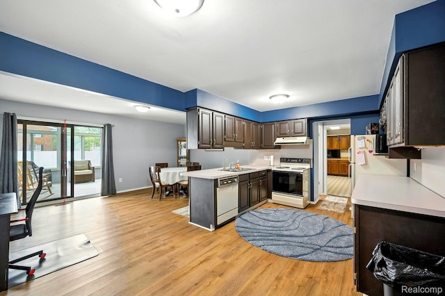 803 S Dayton St, Davison, MI 48423 - kitchen featuring white appliances, light countertops, light wood-style flooring, dark brown cabinetry, and under cabinet range hood