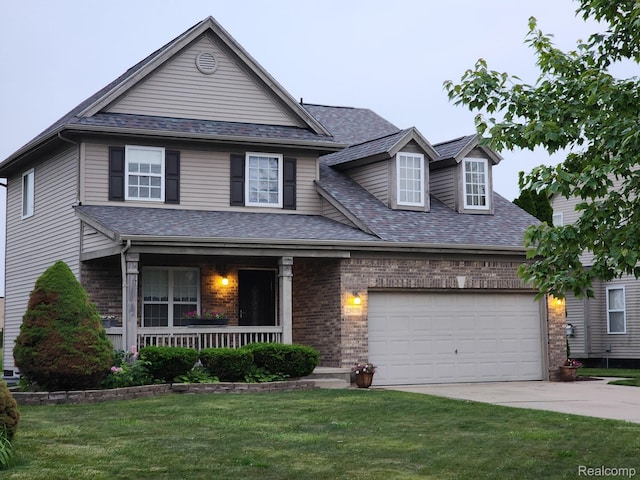 25050 Constitution Ave, Warren, MI 48089 - traditional-style home featuring concrete driveway, brick siding, a front yard, a porch, and a shingled roof
