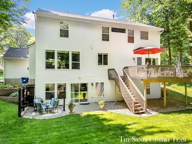 13400 Ravine View Dr, Grand Haven, MI 49417 - rear view of house featuring stairs, a deck, a yard, and a patio area