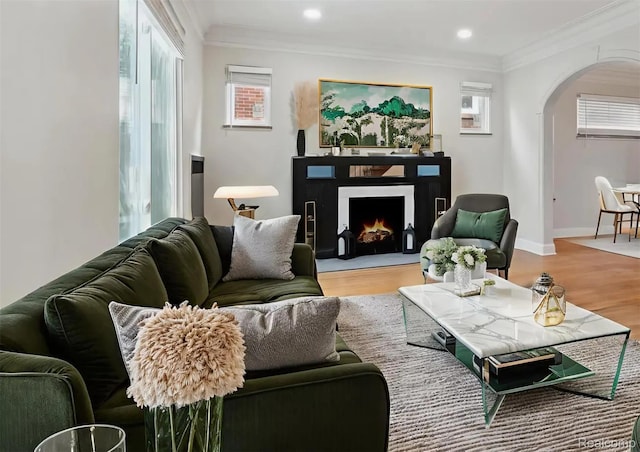 5784 Whittier St, Detroit, MI 48224 - living room featuring arched walkways, healthy amount of natural light, crown molding, wood finished floors, and a warm lit fireplace