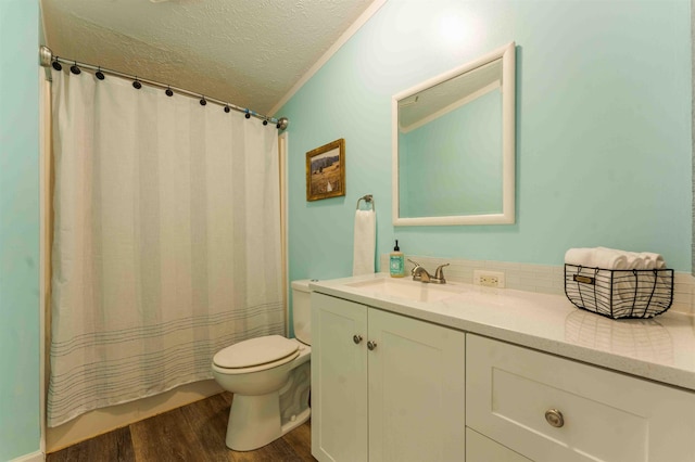 1134 Wagon Wheel Ln, Interlochen, MI 49643 - bathroom featuring wood finished floors, vanity, a textured ceiling, and a shower with curtain