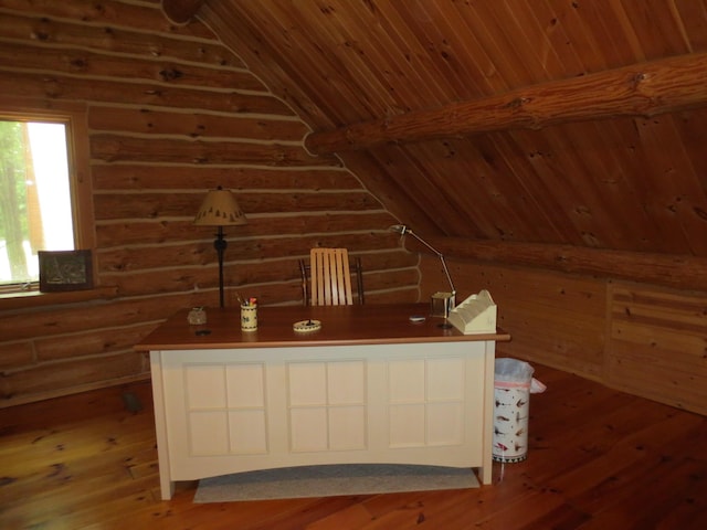 6325 Big Bay Rd, Bear Lake, MI 49614 - unfurnished office with vaulted ceiling, light wood finished floors, wooden ceiling, and log walls