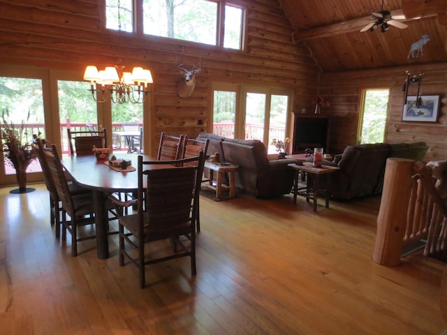 6325 Big Bay Rd, Bear Lake, MI 49614 - dining room with rustic walls, light wood-style floors, high vaulted ceiling, a chandelier, and ceiling fan