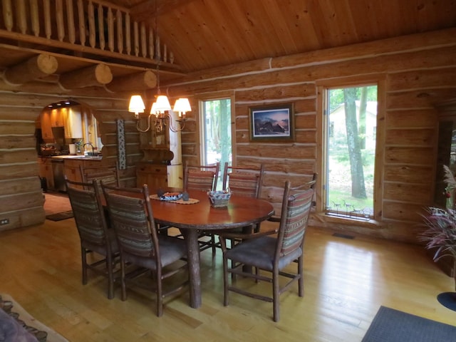 6325 Big Bay Rd, Bear Lake, MI 49614 - dining area featuring log walls, light wood-type flooring, wood ceiling, a chandelier, and lofted ceiling