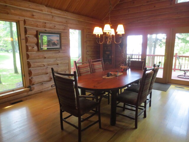 6325 Big Bay Rd, Bear Lake, MI 49614 - dining space with log walls, a chandelier, wood ceiling, light wood-type flooring, and healthy amount of natural light