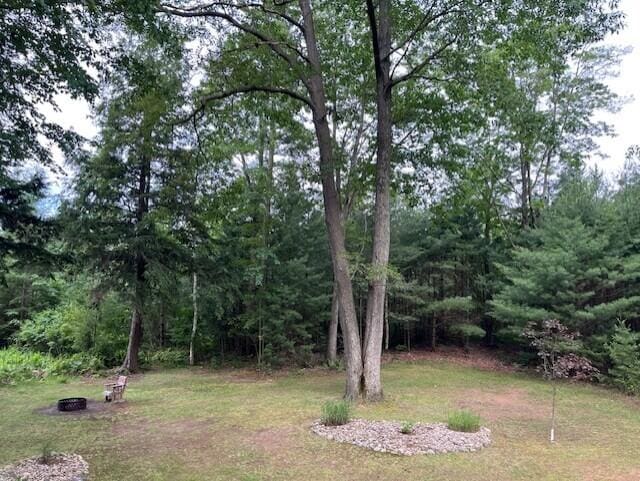 6325 Big Bay Rd, Bear Lake, MI 49614 - view of grassy yard featuring a fire pit and a wooded view
