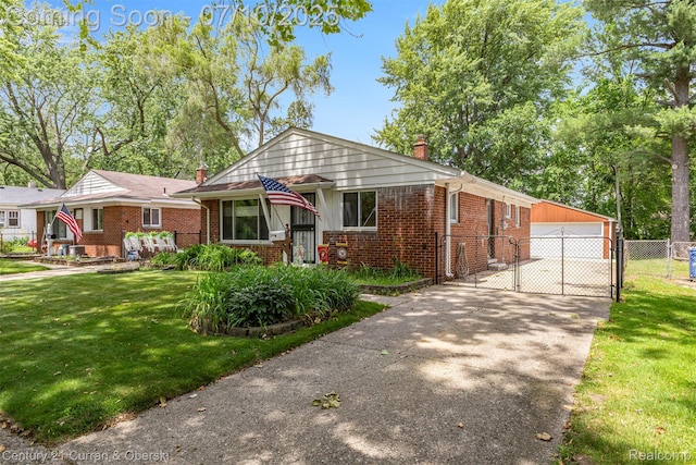 25416 Yale St S, Dearborn Heights, MI 48125 - view of front of house featuring brick siding, a chimney, a gate, an outbuilding, and a garage
