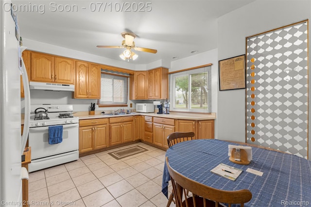 25416 Yale St S, Dearborn Heights, MI 48125 - kitchen featuring white appliances, under cabinet range hood, light countertops, and a ceiling fan