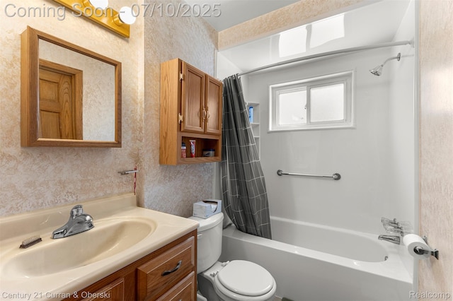 25416 Yale St S, Dearborn Heights, MI 48125 - bathroom with vanity, shower / tub combo with curtain, and wallpapered walls