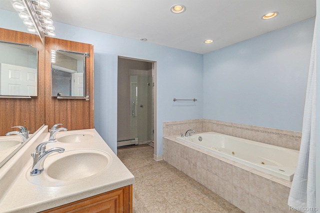 2145 Helmsford Dr, Wolverine Lake, MI 48390 - full bath with a baseboard heating unit, a tub with jets, a stall shower, double vanity, and recessed lighting