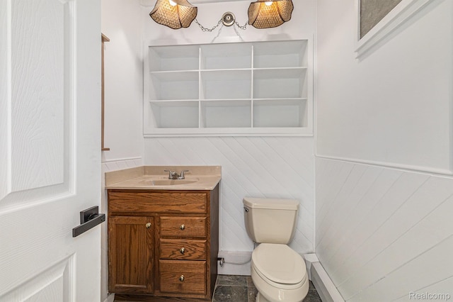 2145 Helmsford Dr, Wolverine Lake, MI 48390 - half bathroom featuring vanity, a wainscoted wall, and wood walls